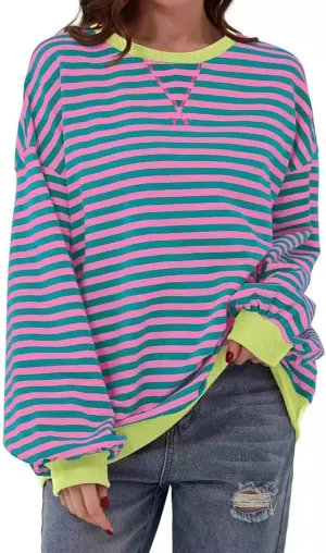 Women's Crew Neck Striped Sweatshirt Oversized Long Sleeve Top Shirt Y2K Loose Pullover Clothes Fall Fashion Shirts