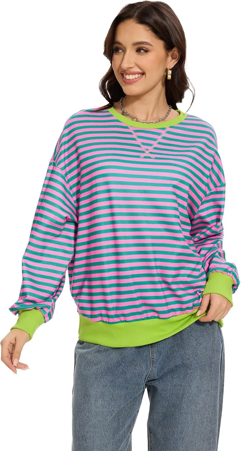 Women's Crew Neck Striped Sweatshirt Oversized Long Sleeve Top Shirt Y2K Loose Pullover Clothes Fall Fashion Shirts