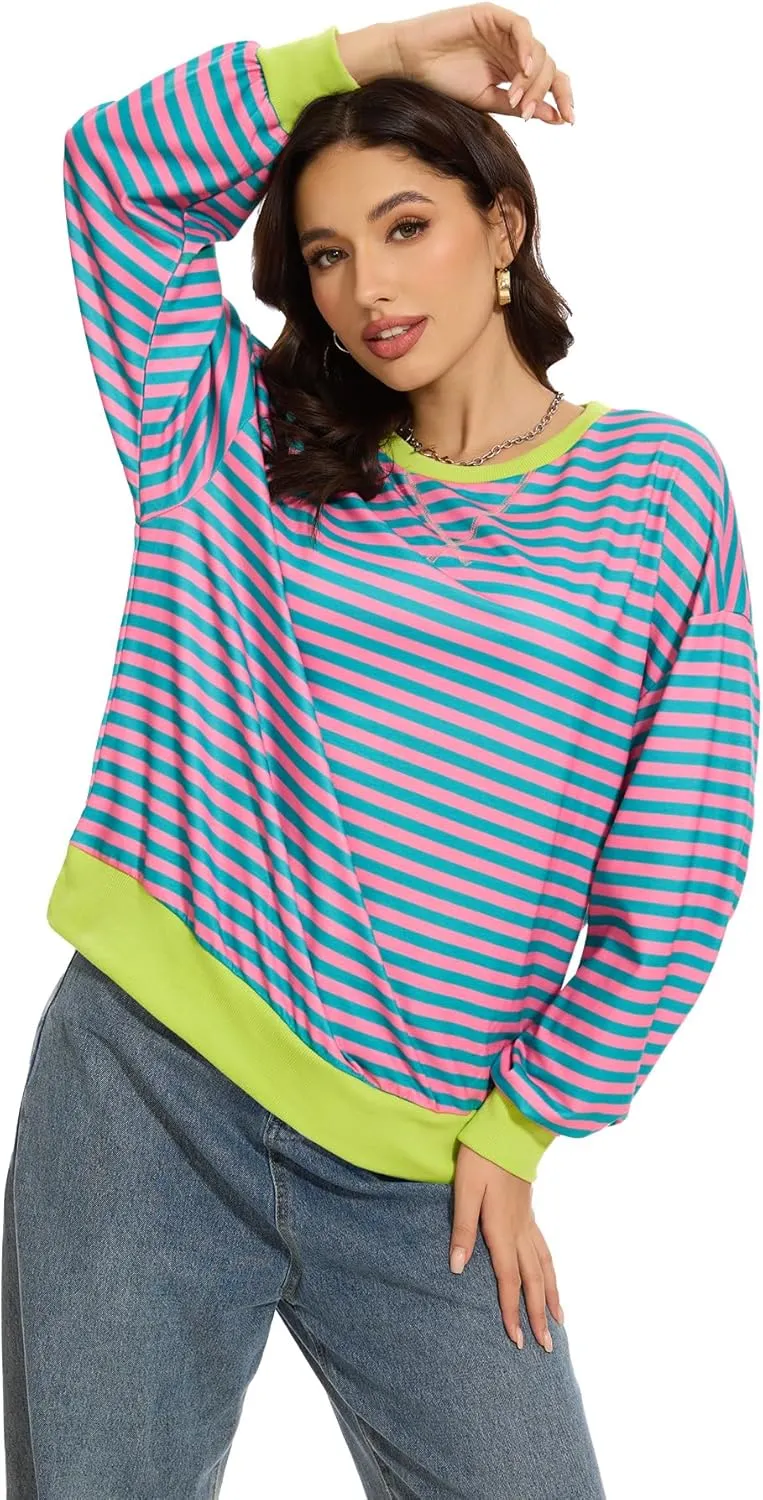 Women's Crew Neck Striped Sweatshirt Oversized Long Sleeve Top Shirt Y2K Loose Pullover Clothes Fall Fashion Shirts