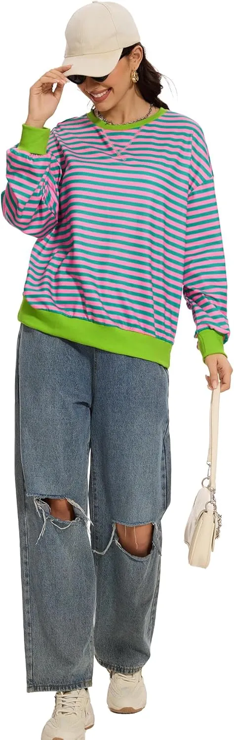 Women's Crew Neck Striped Sweatshirt Oversized Long Sleeve Top Shirt Y2K Loose Pullover Clothes Fall Fashion Shirts