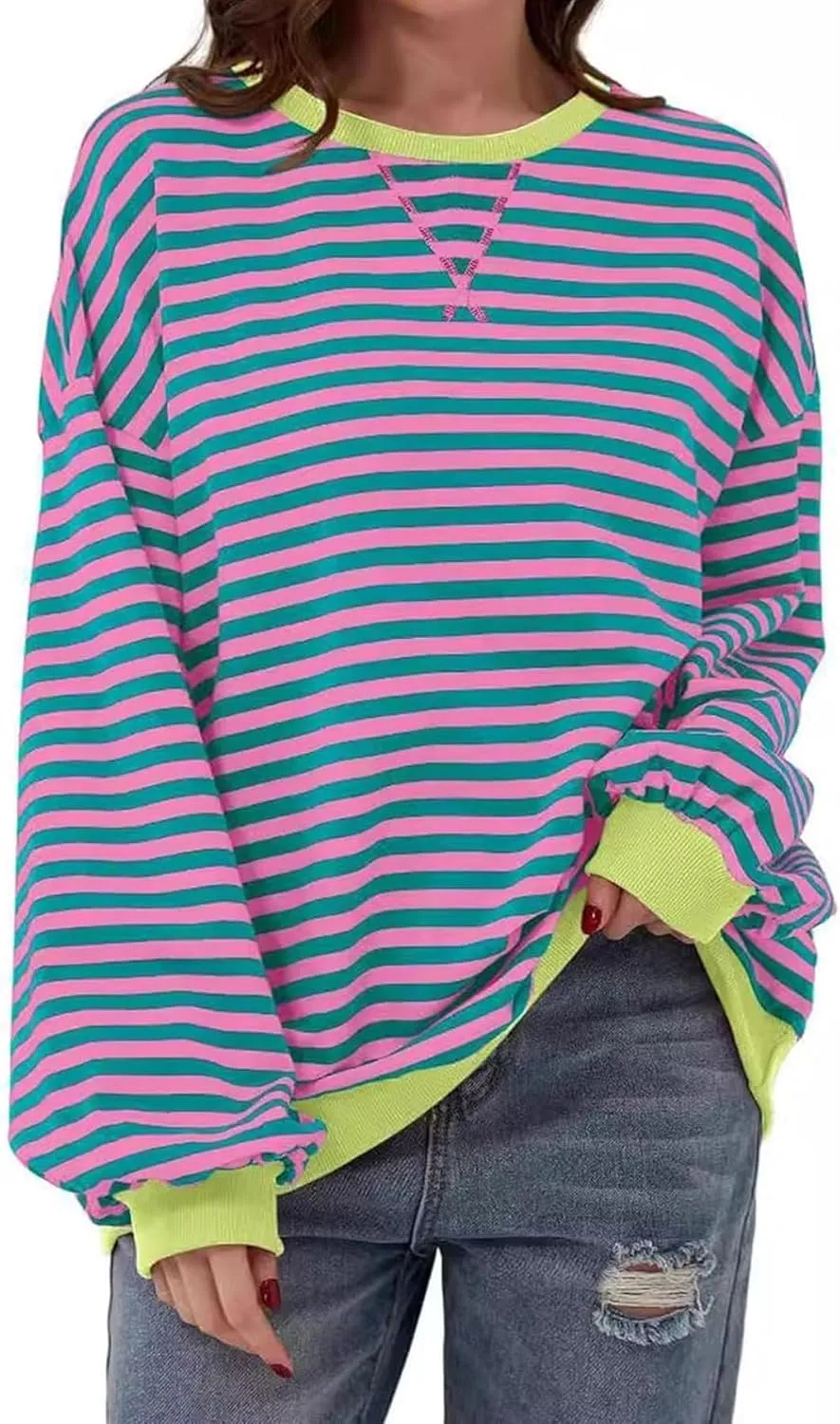 Women's Crew Neck Striped Sweatshirt Oversized Long Sleeve Top Shirt Y2K Loose Pullover Clothes Fall Fashion Shirts