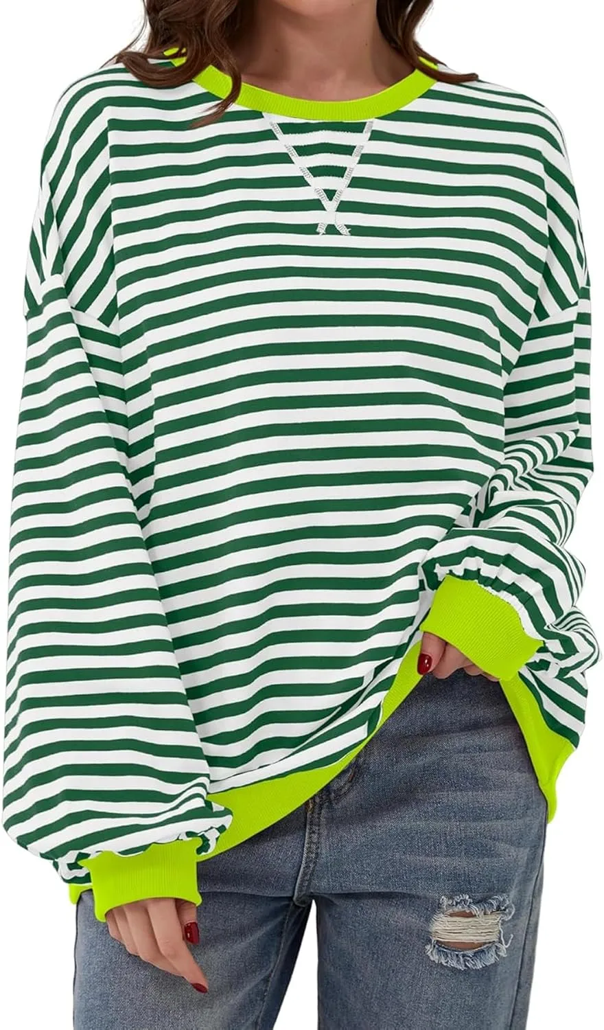 Women's Crew Neck Striped Sweatshirt Oversized Long Sleeve Top Shirt Y2K Loose Pullover Clothes Fall Fashion Shirts