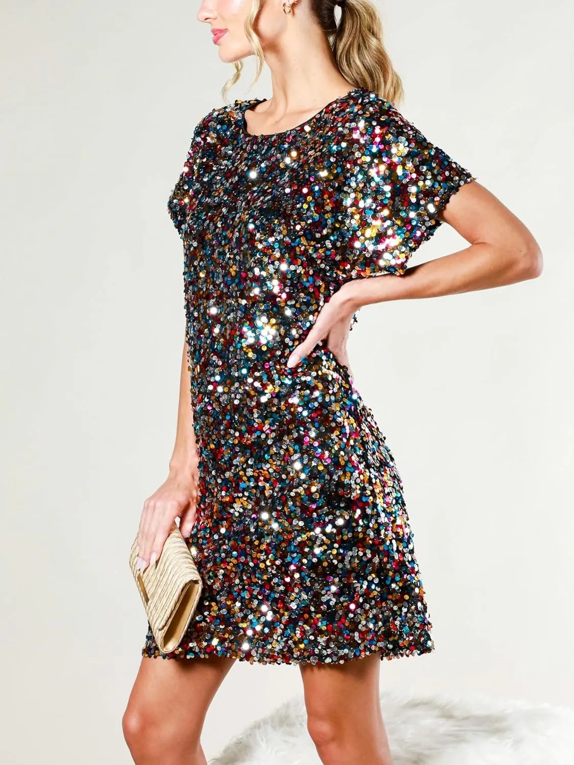 Women's Crewneck Sequin Shift Dress Short Sleeve Casual Holiday Sparkly Party Dress
