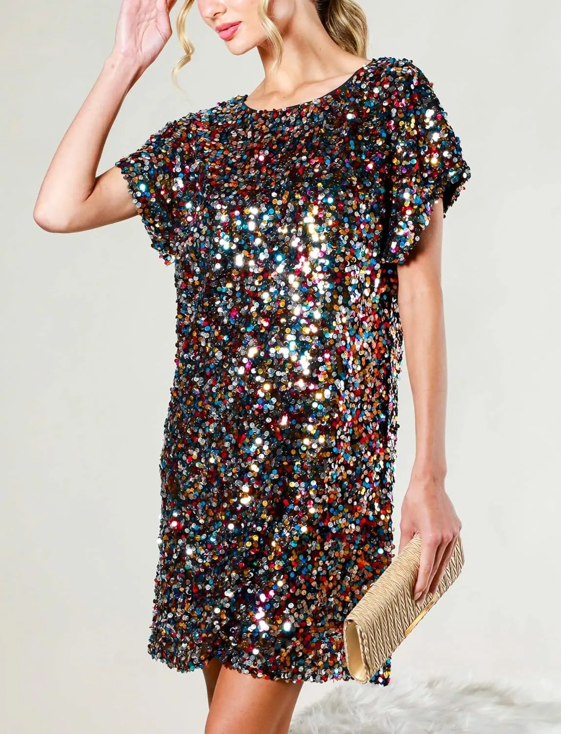 Women's Crewneck Sequin Shift Dress Short Sleeve Casual Holiday Sparkly Party Dress