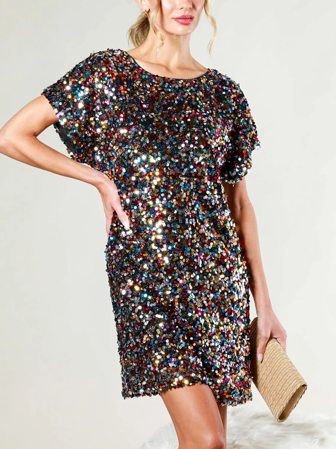 Women's Crewneck Sequin Shift Dress Short Sleeve Casual Holiday Sparkly Party Dress