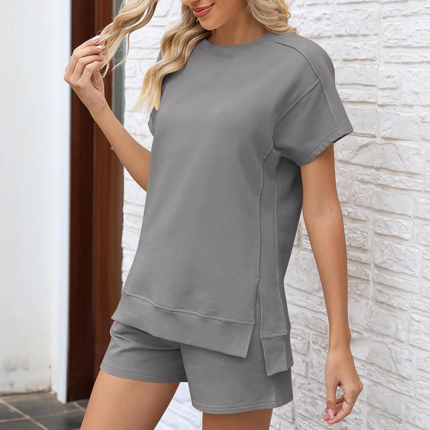 Womens Fashion 2 Piece Outfits Sweatsuits 2025 Summer Short Sleeve Loungewear Tracksuit Round Neck Lounge Shorts Sets