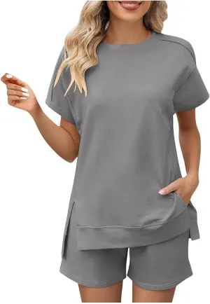 Womens Fashion 2 Piece Outfits Sweatsuits 2025 Summer Short Sleeve Loungewear Tracksuit Round Neck Lounge Shorts Sets