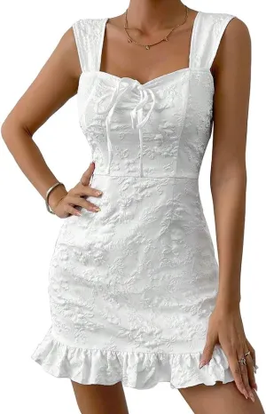 Women's Floral Jacquard Mini Dress Square Neck Bow Tie Front Ruffled Hem Boho Sleeveless Dress