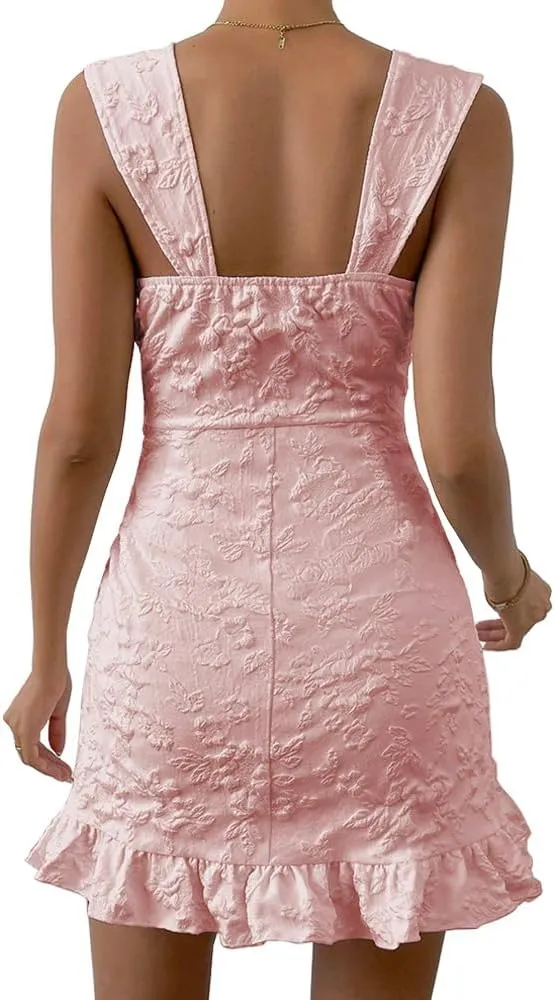 Women's Floral Jacquard Mini Dress Square Neck Bow Tie Front Ruffled Hem Boho Sleeveless Dress