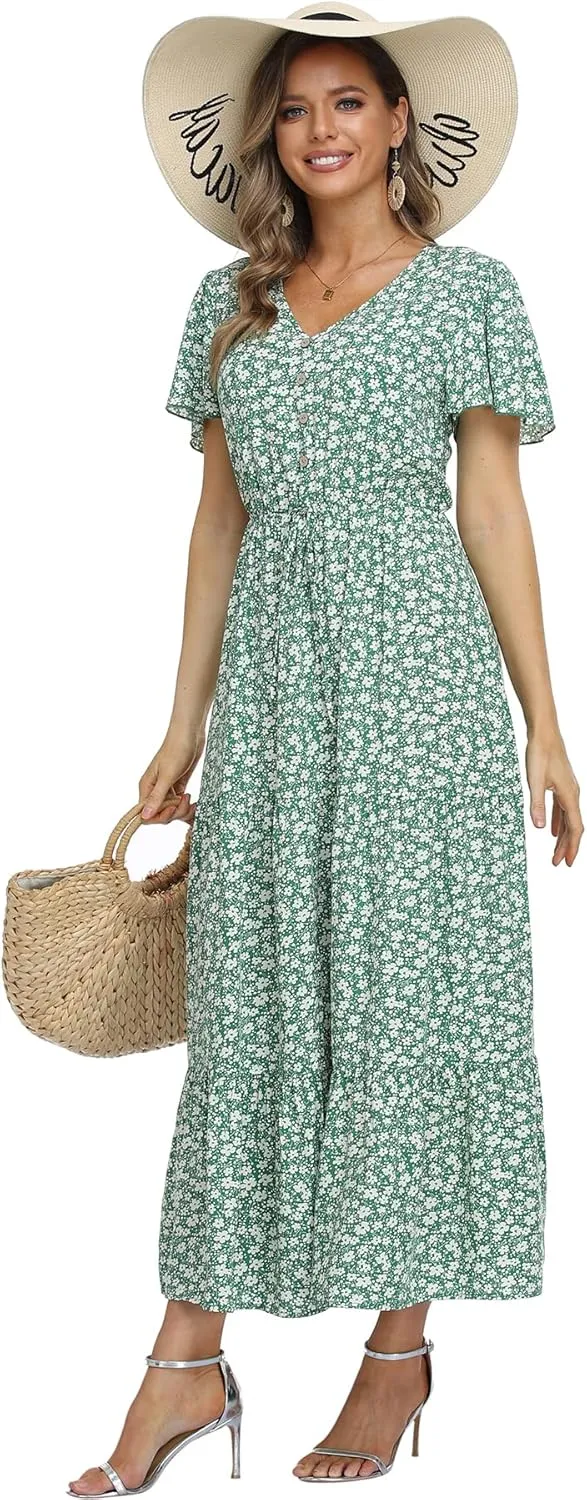 Women's Floral Maxi Dress Short Sleeve Midi Dress Summer Boho Dresses V-Neck Ruffle Swing Flowy Beach Party Dress with Slit