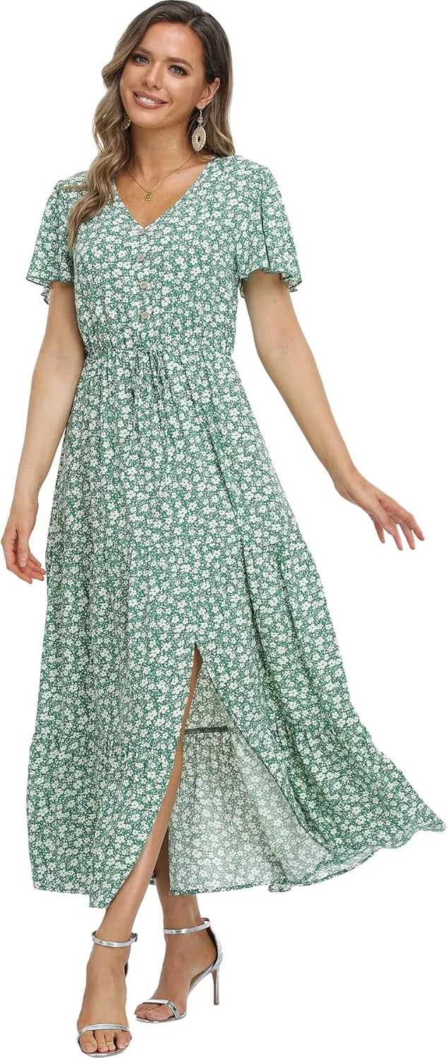 Women's Floral Maxi Dress Short Sleeve Midi Dress Summer Boho Dresses V-Neck Ruffle Swing Flowy Beach Party Dress with Slit
