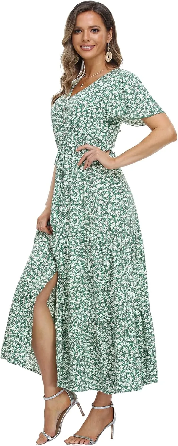 Women's Floral Maxi Dress Short Sleeve Midi Dress Summer Boho Dresses V-Neck Ruffle Swing Flowy Beach Party Dress with Slit