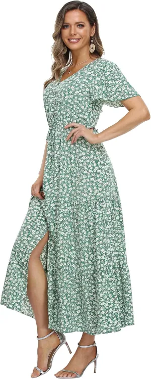 Women's Floral Maxi Dress Short Sleeve Midi Dress Summer Boho Dresses V-Neck Ruffle Swing Flowy Beach Party Dress with Slit