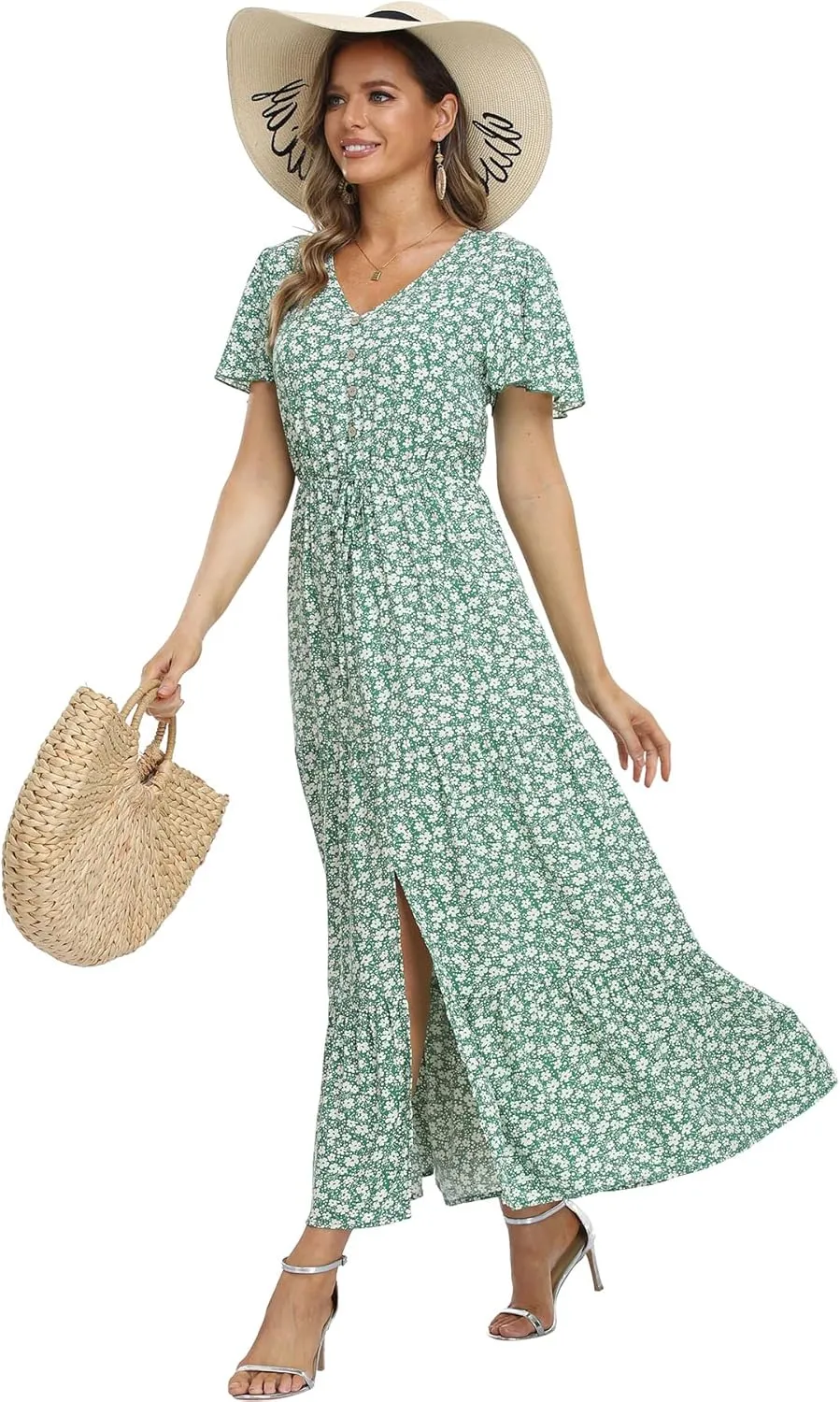 Women's Floral Maxi Dress Short Sleeve Midi Dress Summer Boho Dresses V-Neck Ruffle Swing Flowy Beach Party Dress with Slit