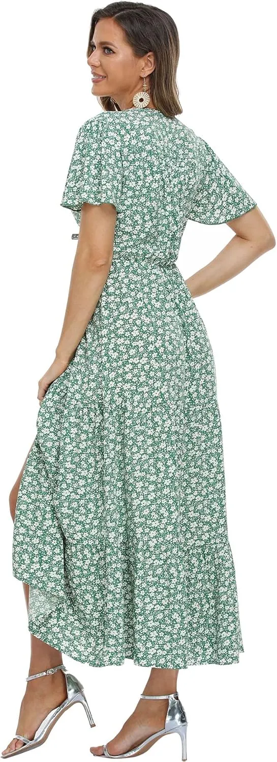 Women's Floral Maxi Dress Short Sleeve Midi Dress Summer Boho Dresses V-Neck Ruffle Swing Flowy Beach Party Dress with Slit