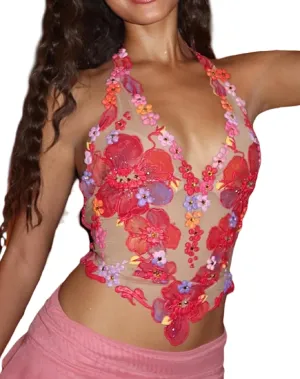 Womens Floral Sheer Halter Top Sleeveless Tie Backless Camisole Sexy See Through Flower Embroidered Tank Tops