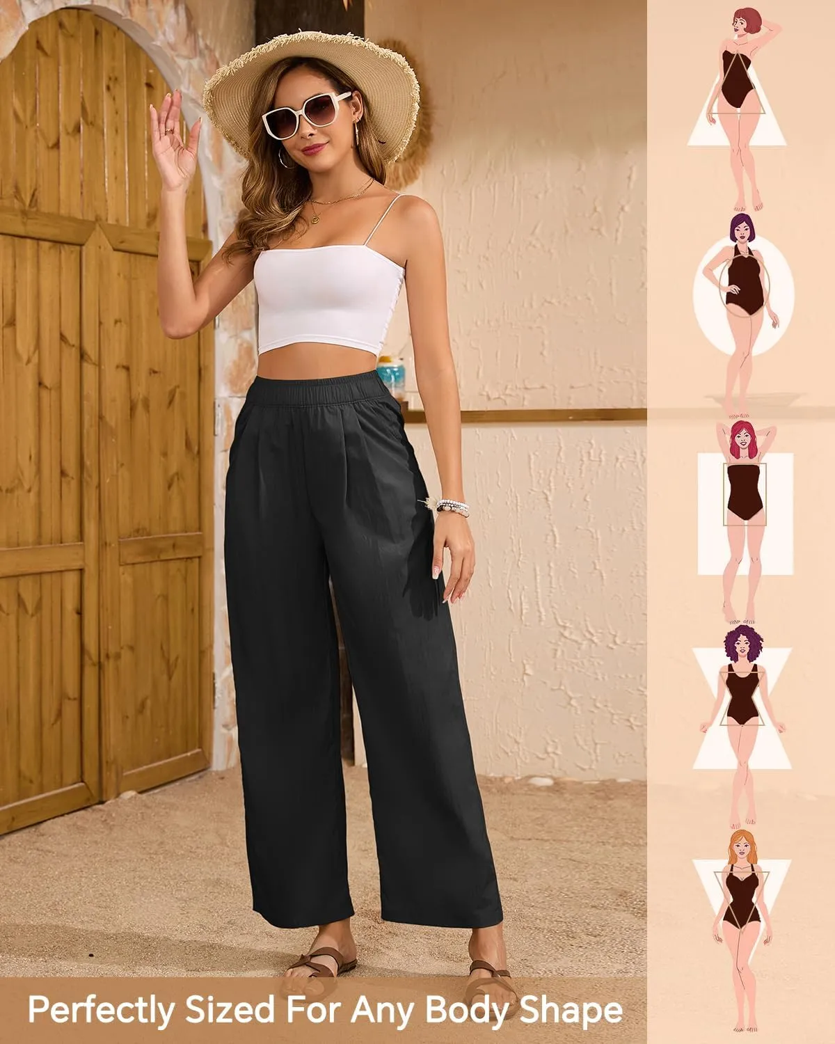 Women's High Waisted Wide Leg Pants 2025 Summer Casual Palazzo Pants Lounge Flowy Beach Trousers with Pockets