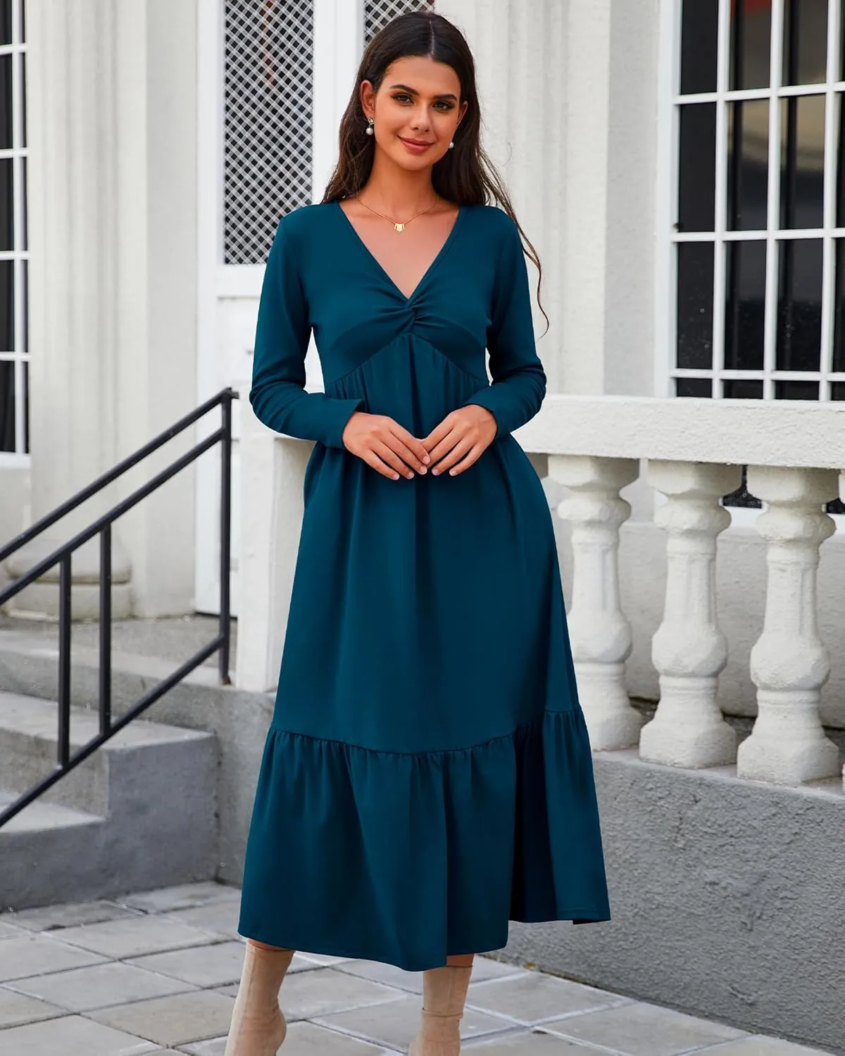 Women's Long Sleeve Dress V Neck Maxi Dresses with Pockets Casual Loose Pleated Tiered