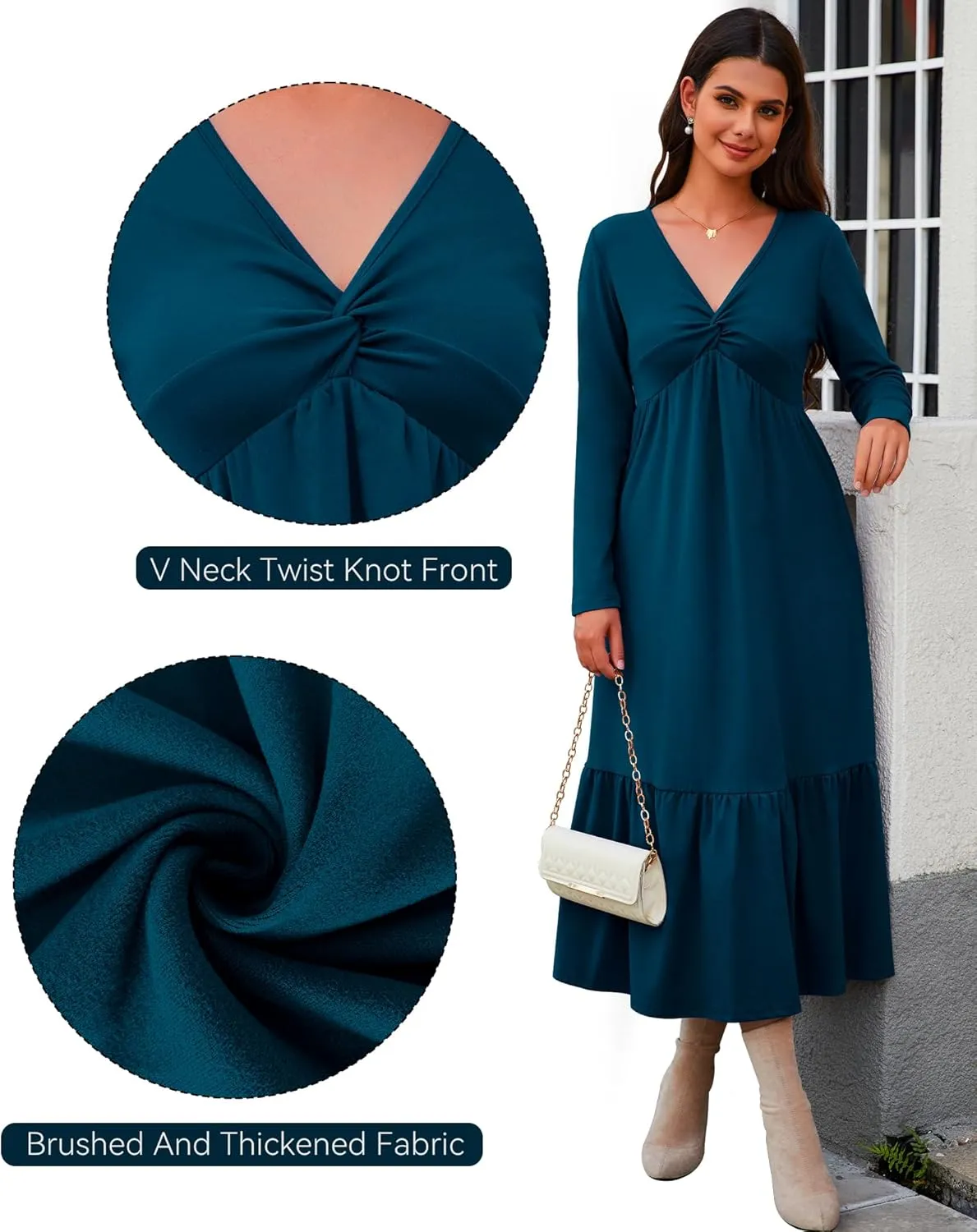 Women's Long Sleeve Dress V Neck Maxi Dresses with Pockets Casual Loose Pleated Tiered