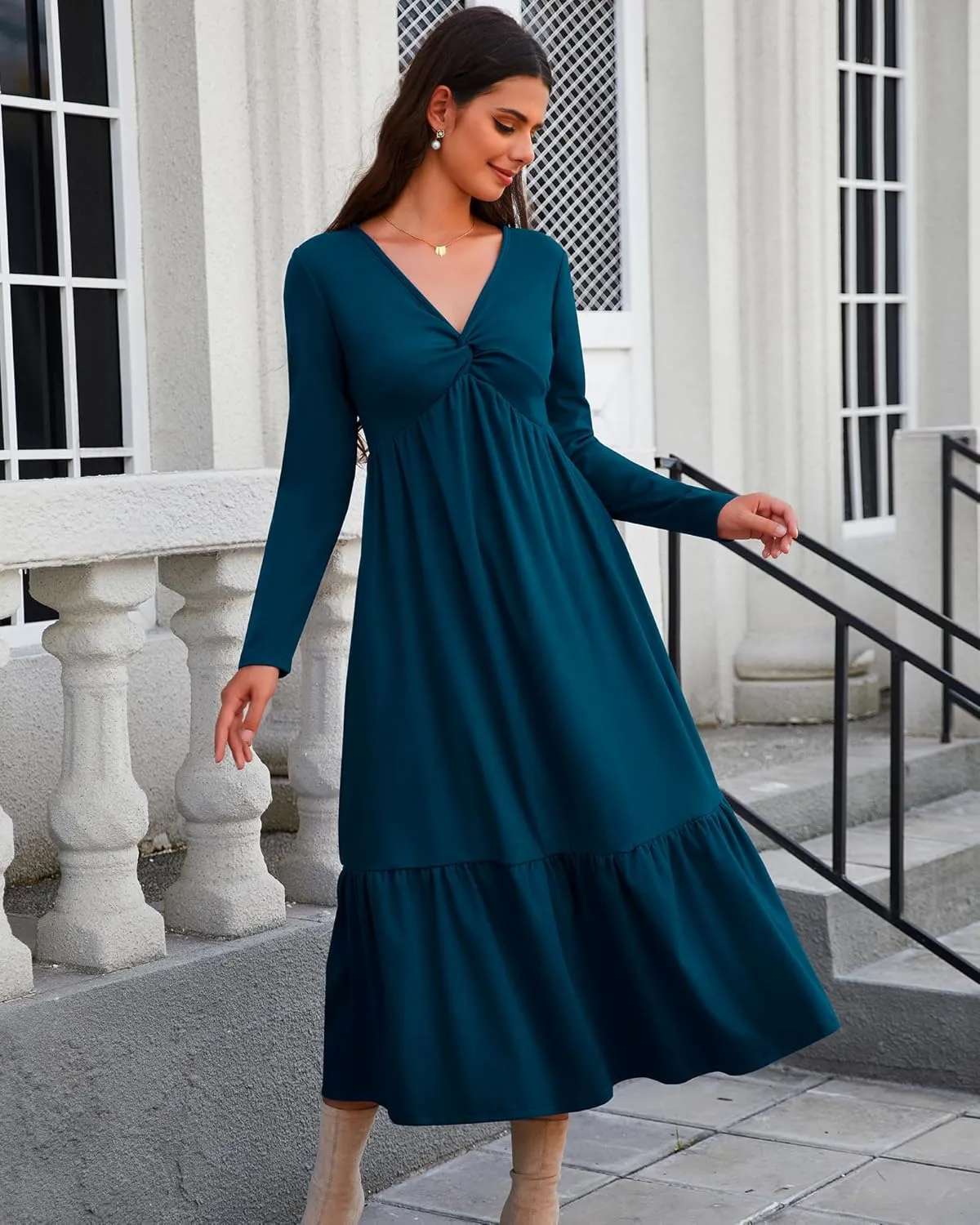 Women's Long Sleeve Dress V Neck Maxi Dresses with Pockets Casual Loose Pleated Tiered
