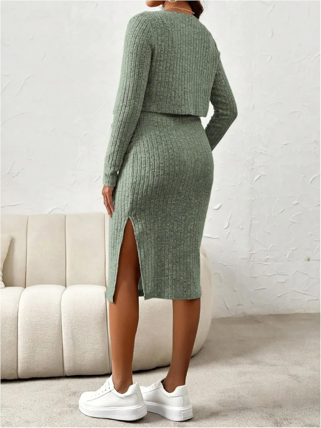 Women's Maternity 2 Piece Fall Outfit Ribbed Knit Button Down Cardigan and Cami Dress Set