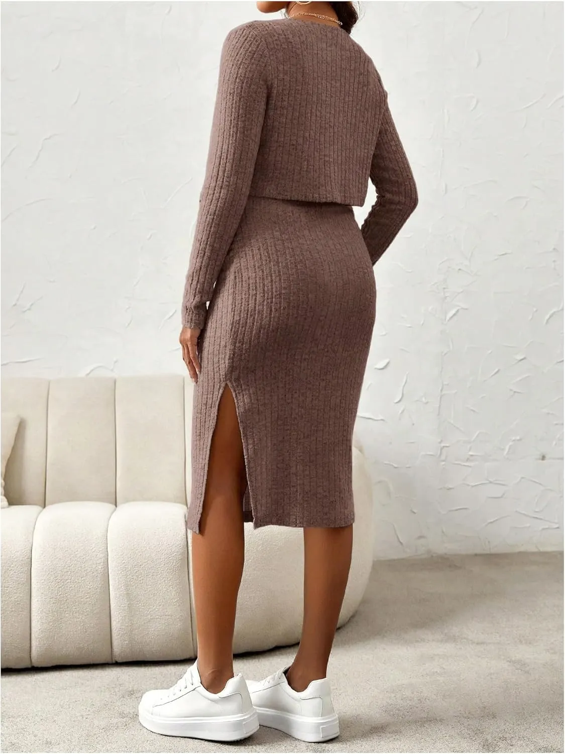 Women's Maternity 2 Piece Fall Outfit Ribbed Knit Button Down Cardigan and Cami Dress Set