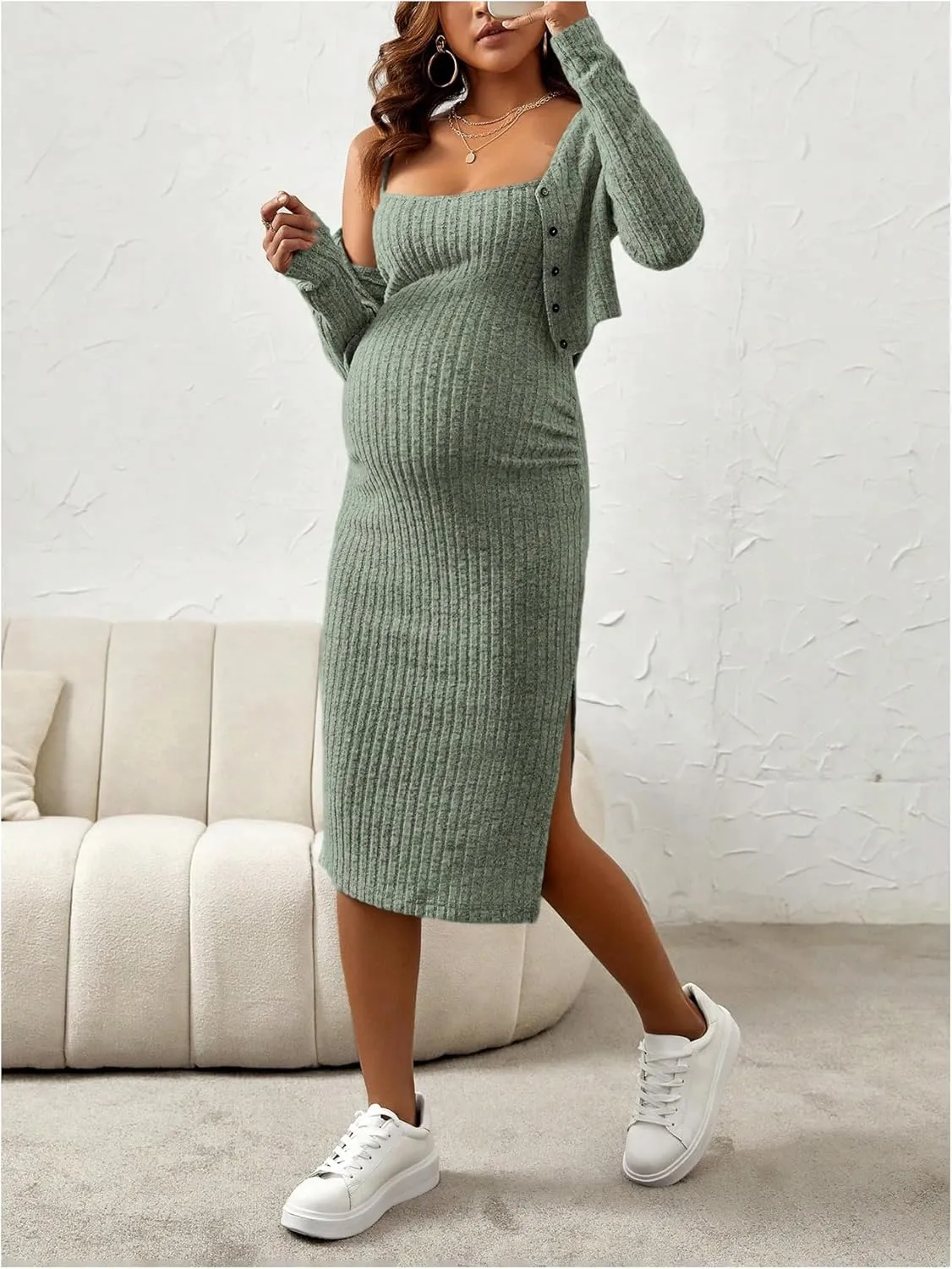Women's Maternity 2 Piece Fall Outfit Ribbed Knit Button Down Cardigan and Cami Dress Set