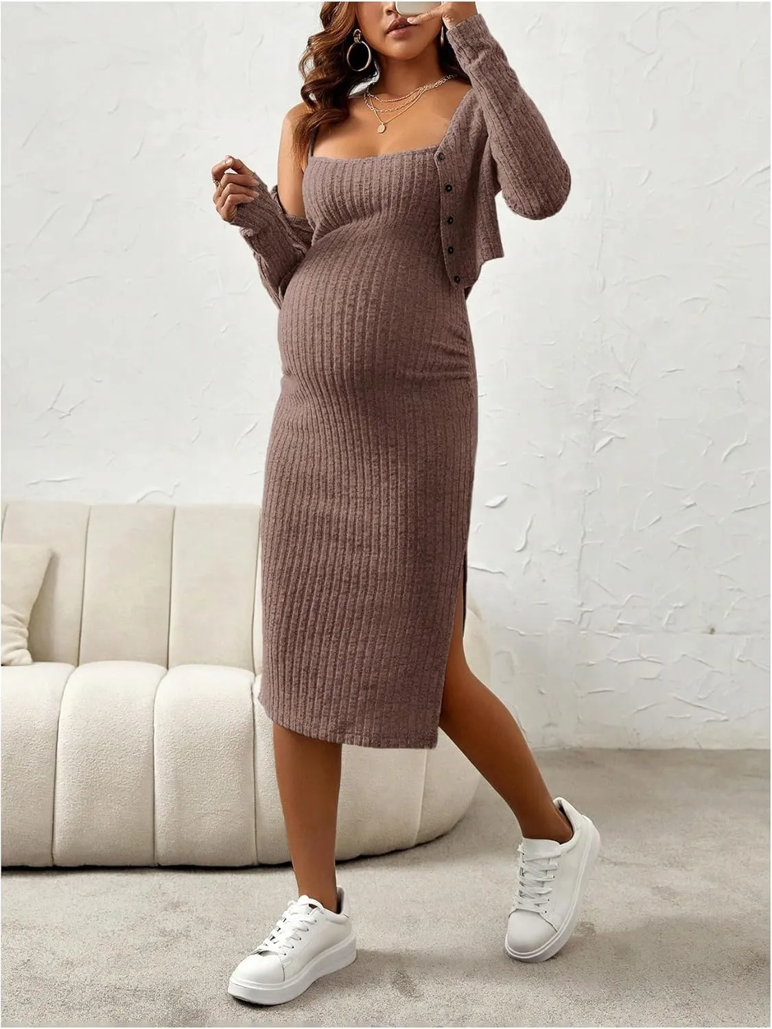 Women's Maternity 2 Piece Fall Outfit Ribbed Knit Button Down Cardigan and Cami Dress Set