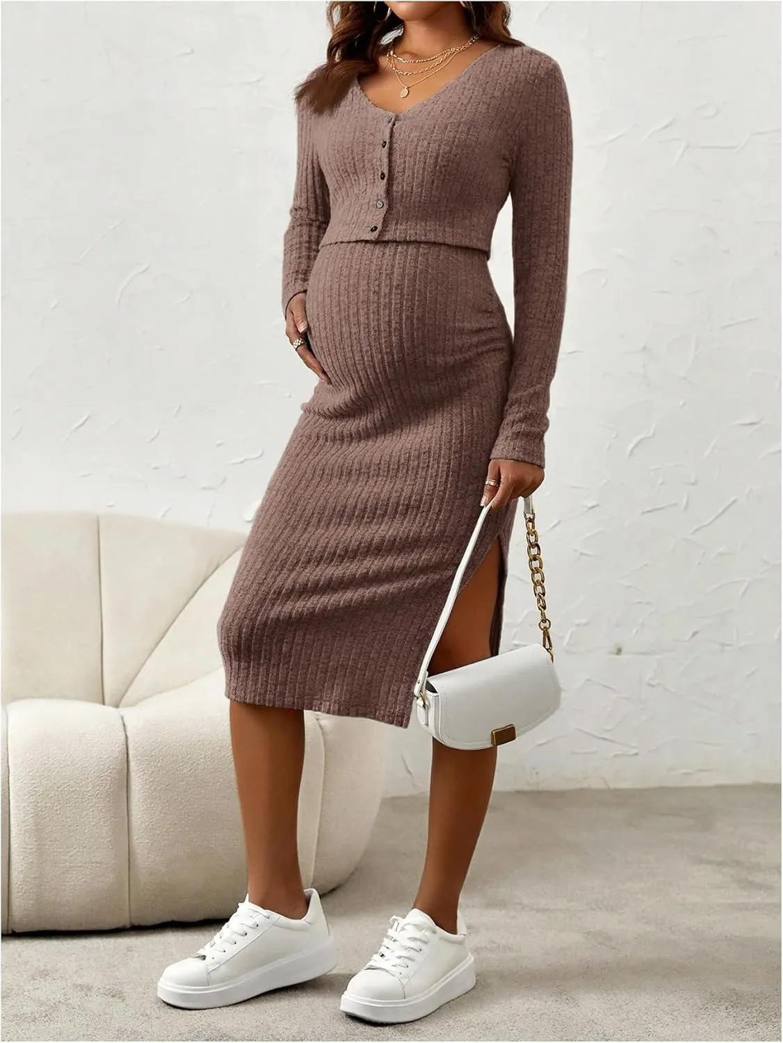 Women's Maternity 2 Piece Fall Outfit Ribbed Knit Button Down Cardigan and Cami Dress Set