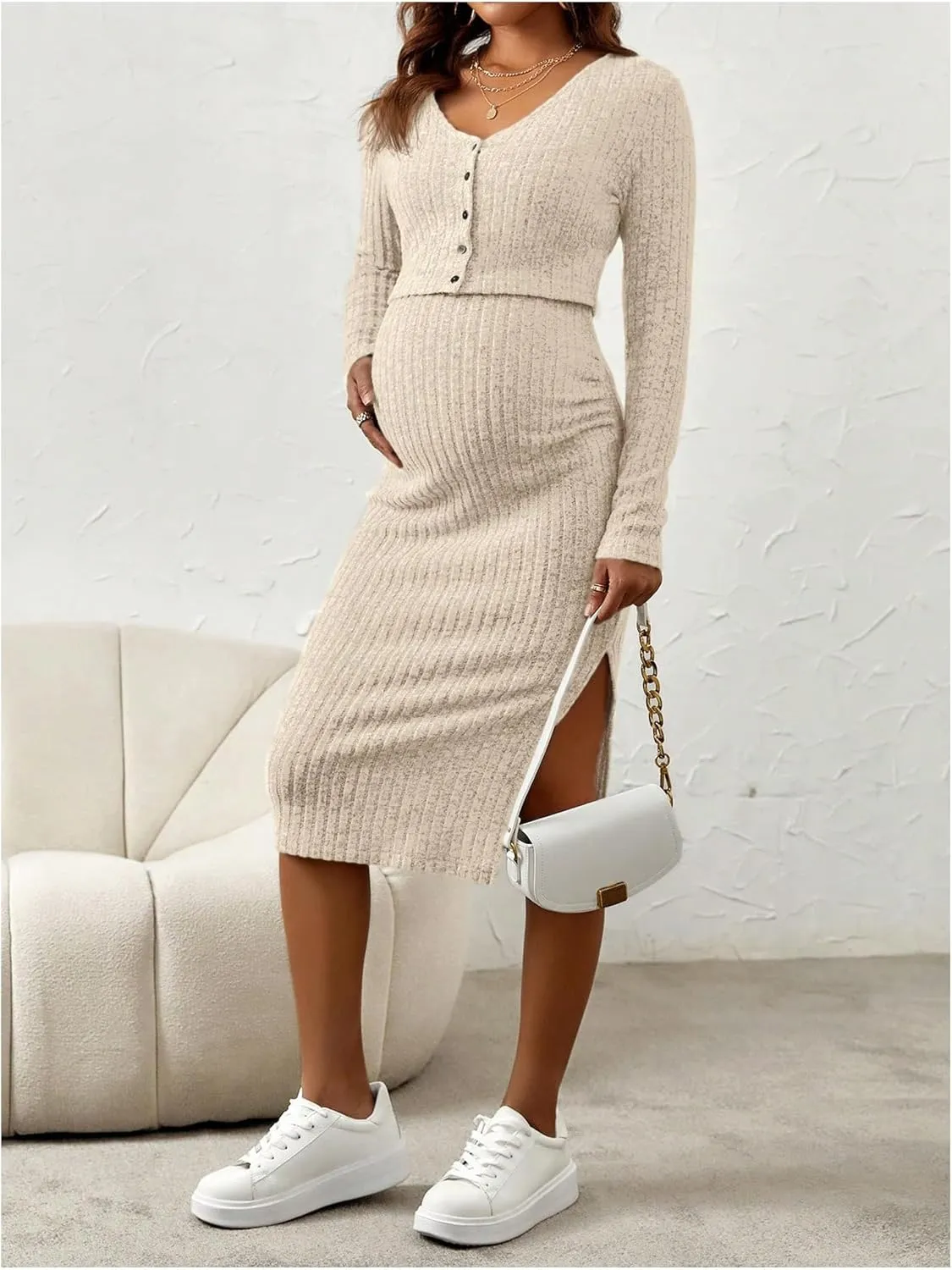 Women's Maternity 2 Piece Fall Outfit Ribbed Knit Button Down Cardigan and Cami Dress Set