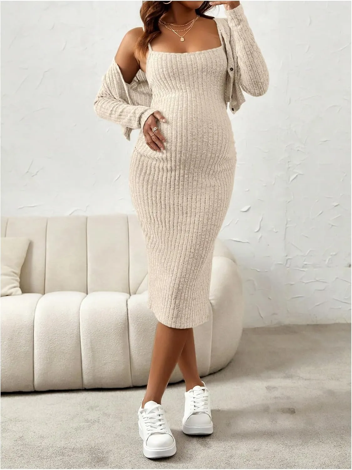 Women's Maternity 2 Piece Fall Outfit Ribbed Knit Button Down Cardigan and Cami Dress Set