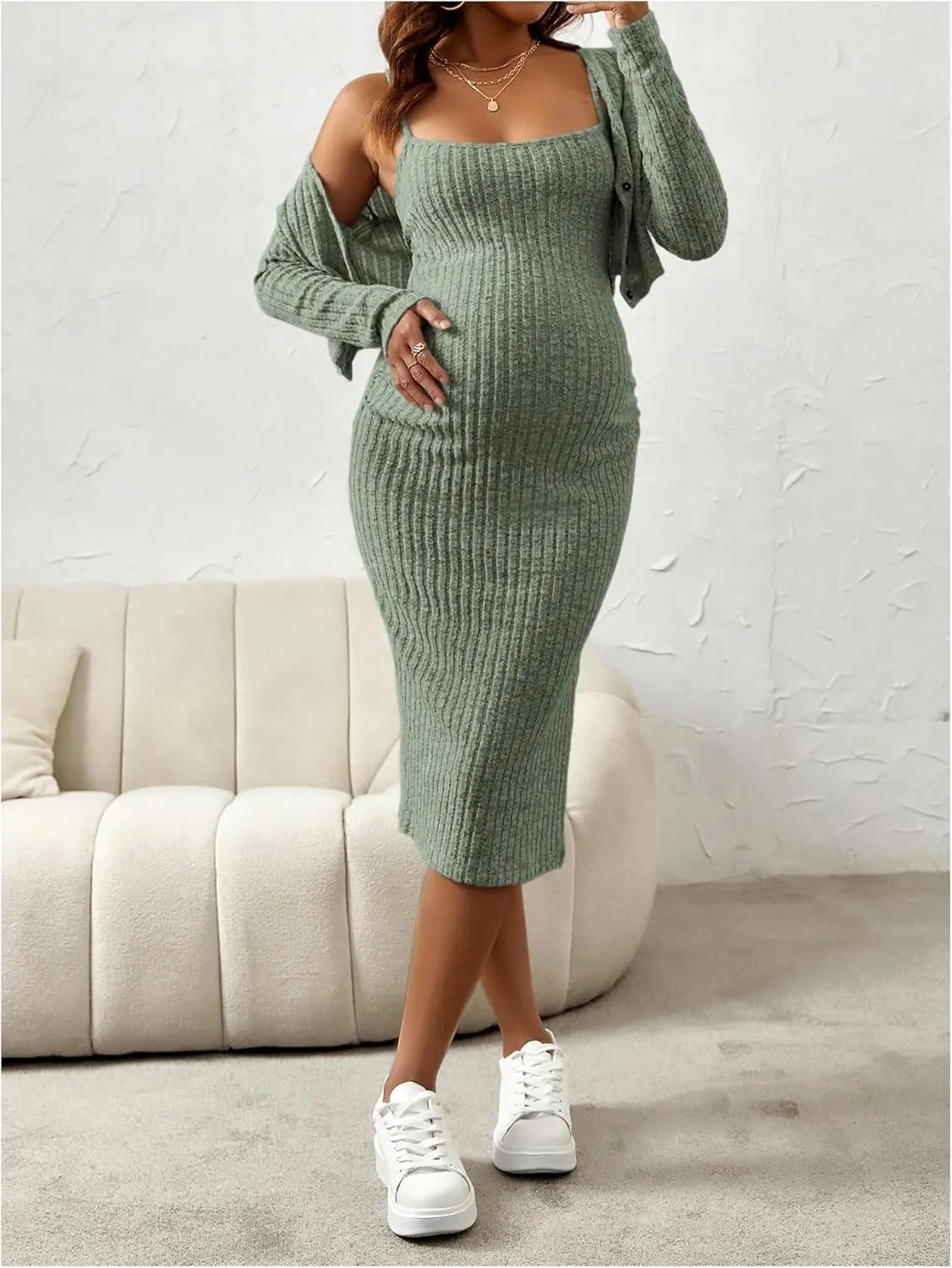 Women's Maternity 2 Piece Fall Outfit Ribbed Knit Button Down Cardigan and Cami Dress Set