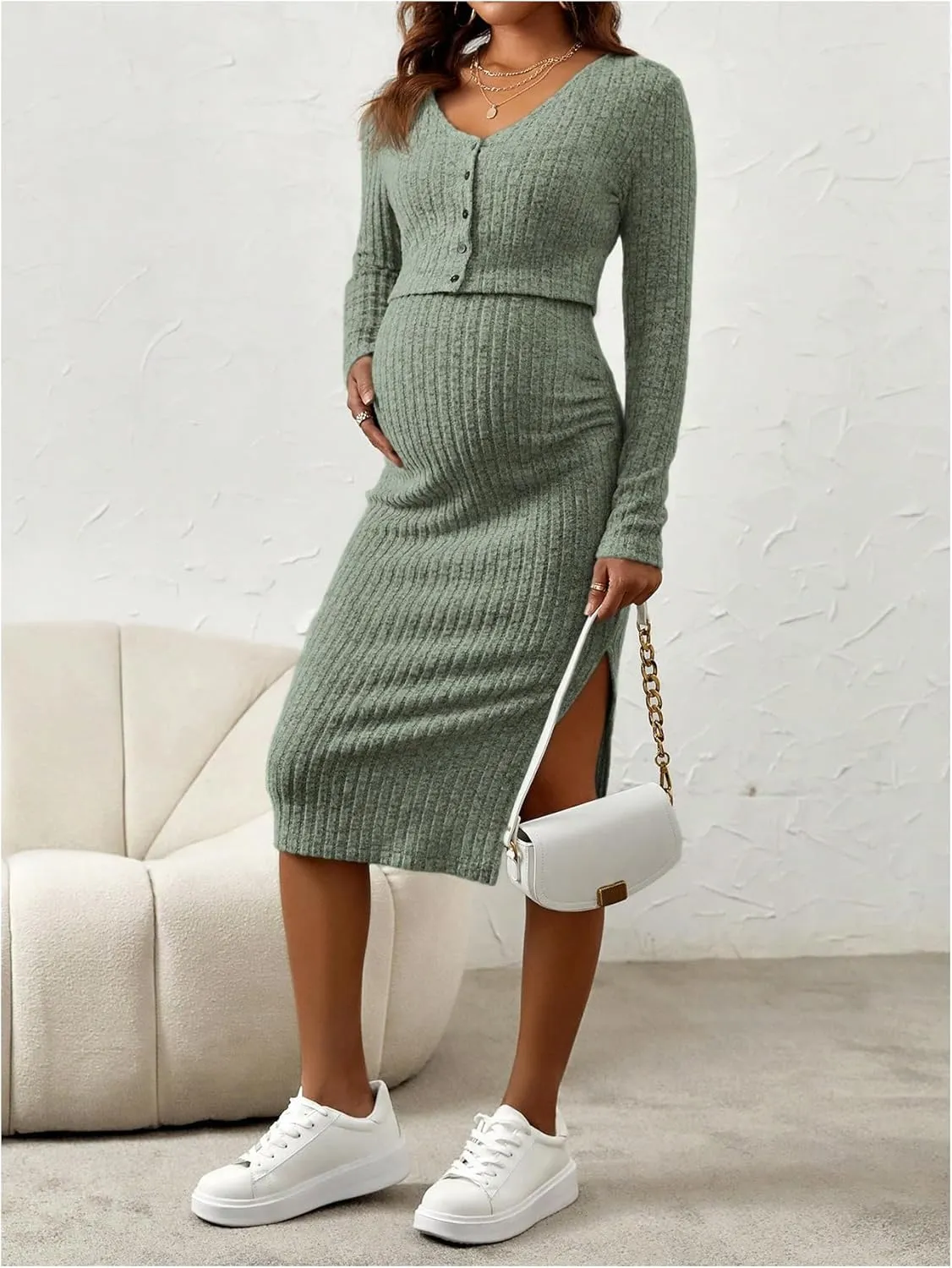 Women's Maternity 2 Piece Fall Outfit Ribbed Knit Button Down Cardigan and Cami Dress Set