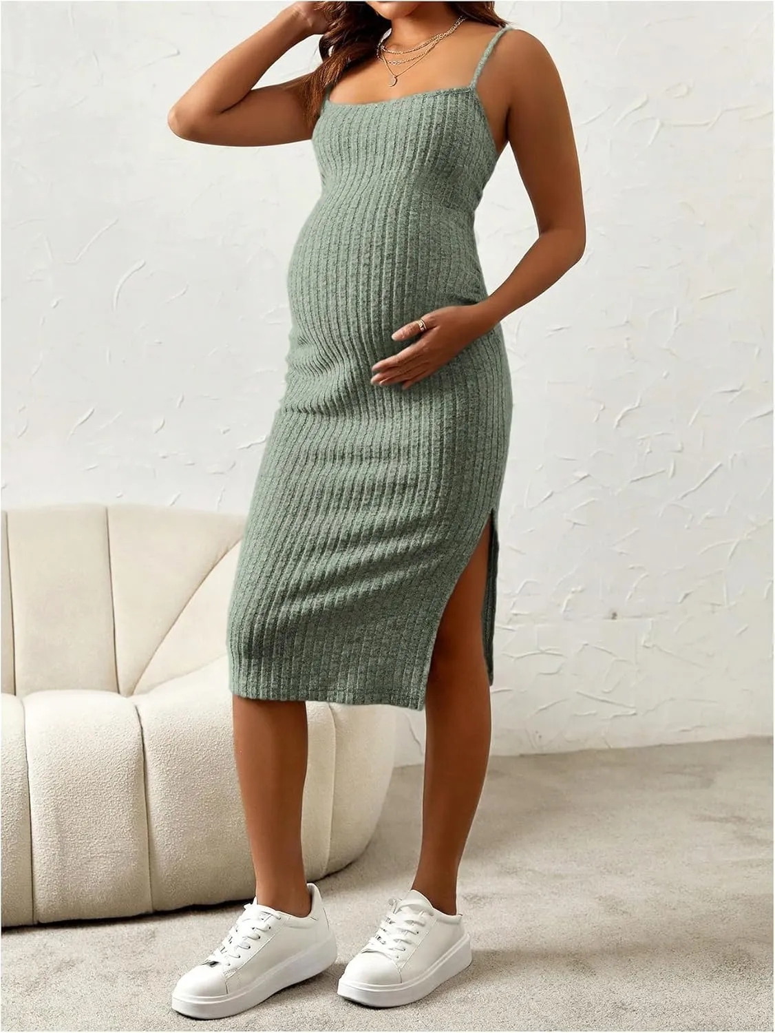 Women's Maternity 2 Piece Fall Outfit Ribbed Knit Button Down Cardigan and Cami Dress Set