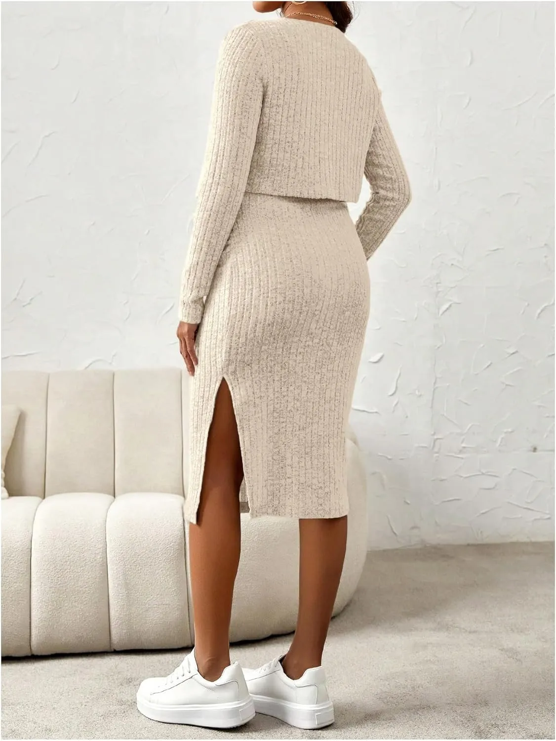 Women's Maternity 2 Piece Fall Outfit Ribbed Knit Button Down Cardigan and Cami Dress Set