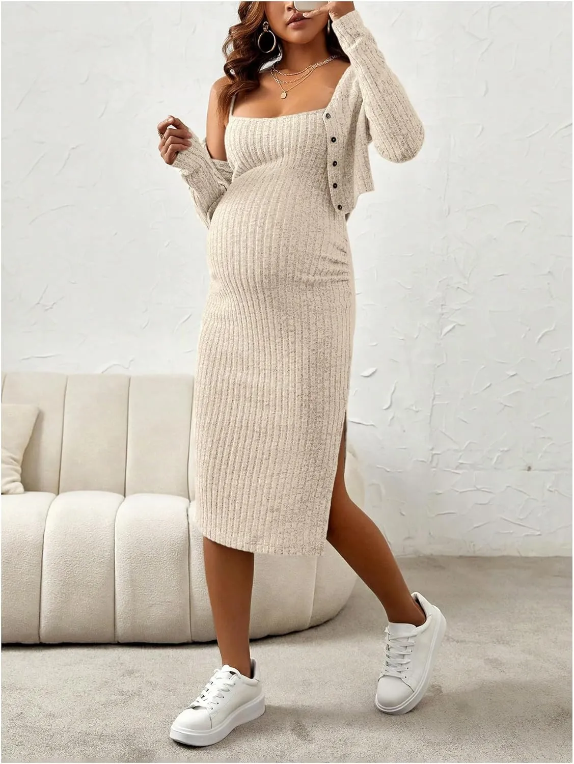 Women's Maternity 2 Piece Fall Outfit Ribbed Knit Button Down Cardigan and Cami Dress Set