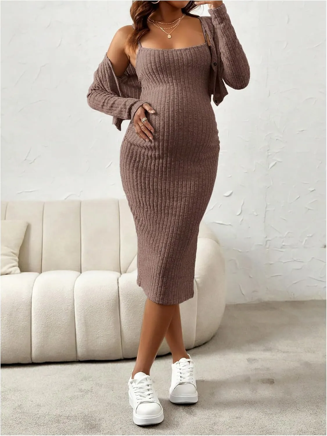 Women's Maternity 2 Piece Fall Outfit Ribbed Knit Button Down Cardigan and Cami Dress Set