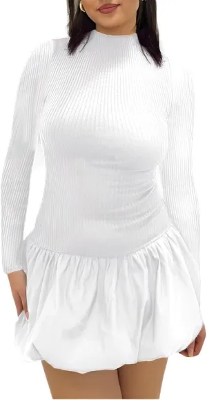 Women's Mock Neck Backless Ribbed Mini Dress with Long Sleeves and Ruffle Bubble Skirt