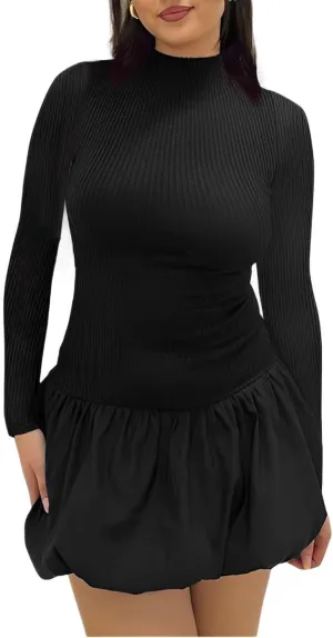 Women's Mock Neck Backless Ribbed Mini Dress with Long Sleeves and Ruffle Bubble Skirt