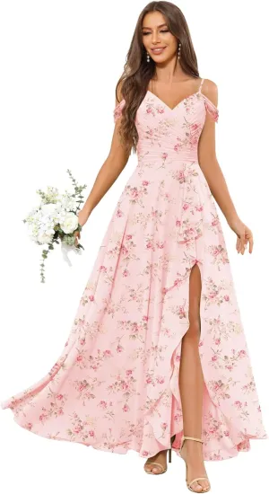 Women's Off The Shoulder Bridesmaid Dress with Slit Ruffle Chiffon Long Formal Wedding Guest Dress Evening Gown
