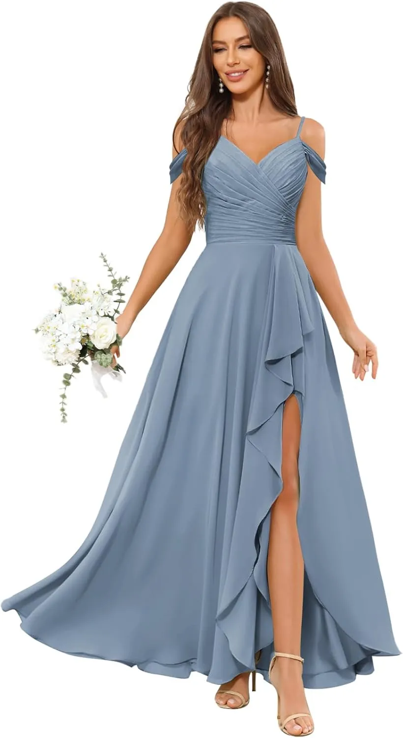 Women's Off The Shoulder Bridesmaid Dress with Slit Ruffle Chiffon Long Formal Wedding Guest Dress Evening Gown