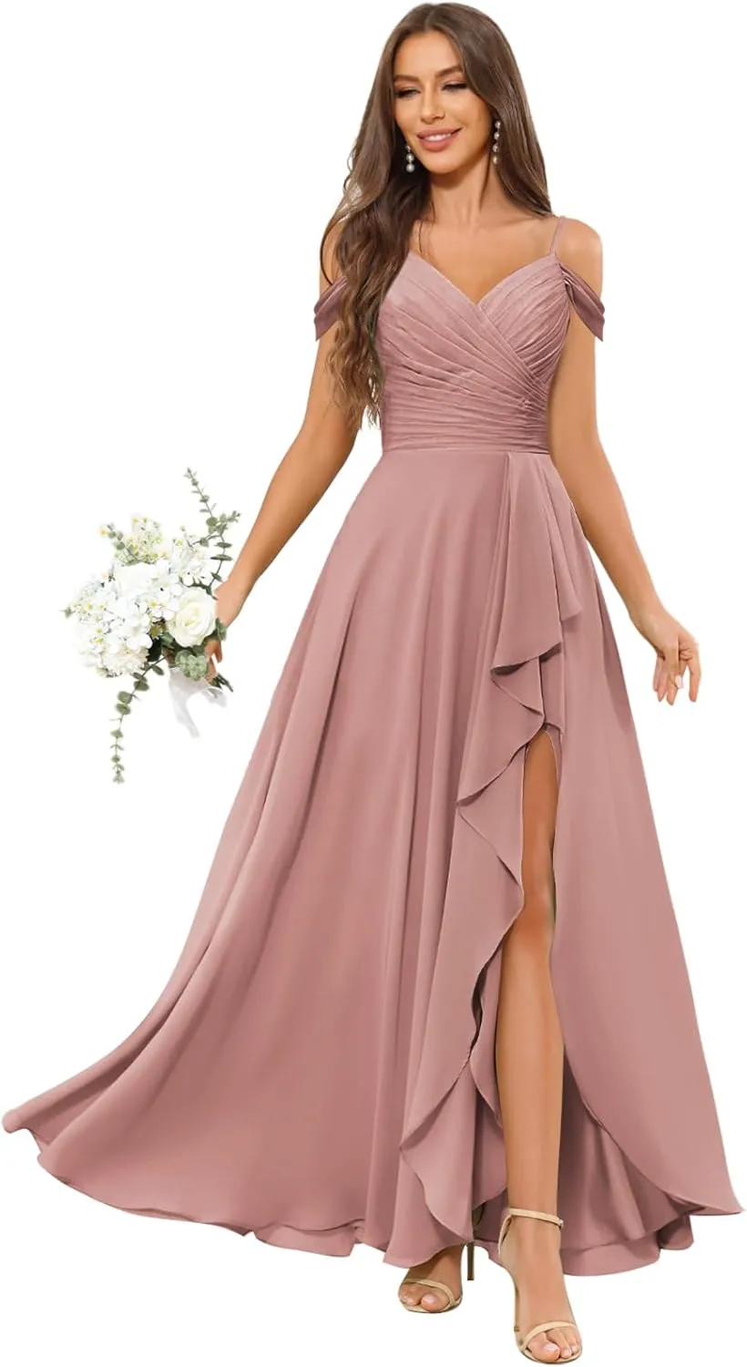 Women's Off The Shoulder Bridesmaid Dress with Slit Ruffle Chiffon Long Formal Wedding Guest Dress Evening Gown