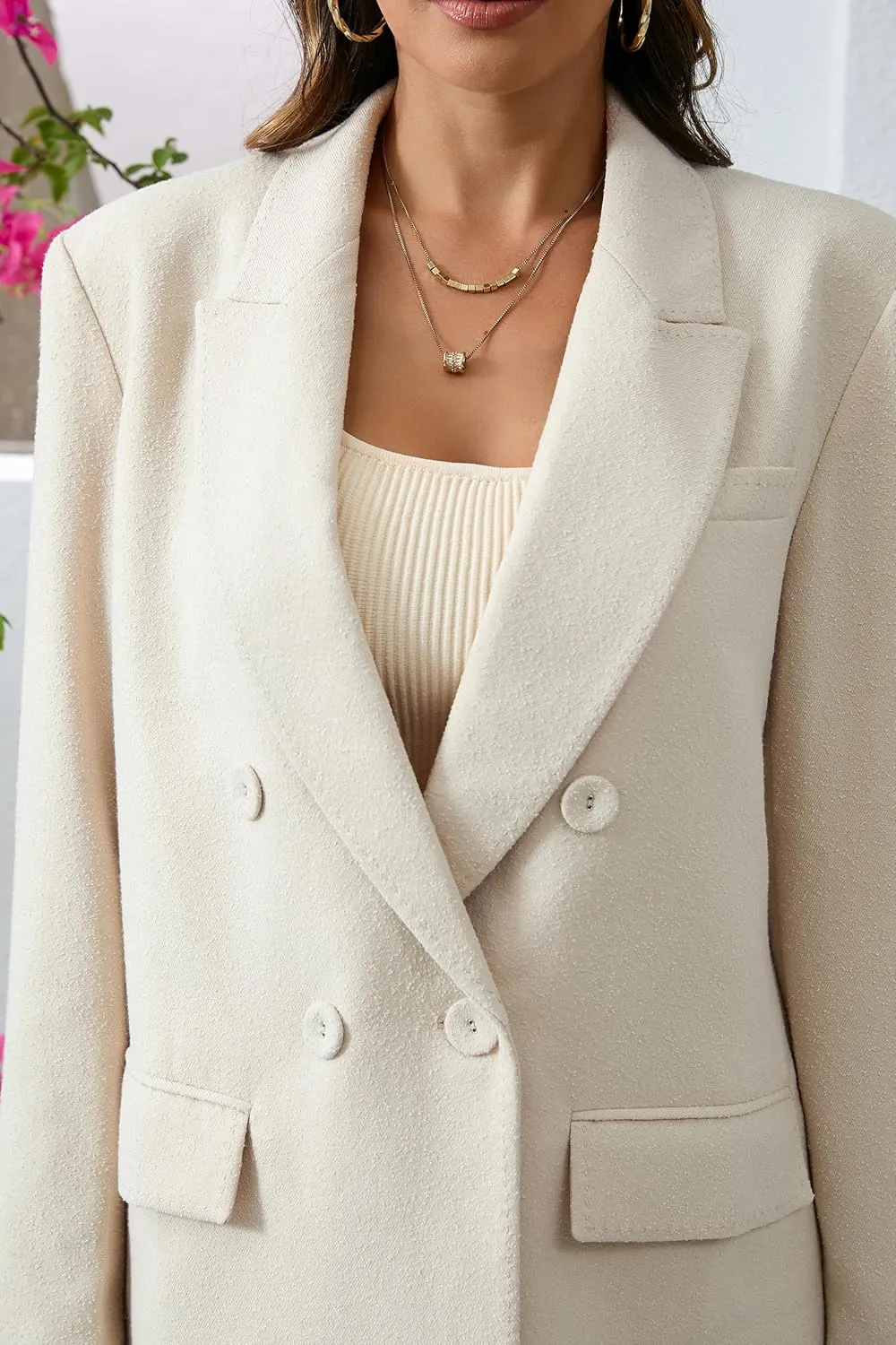 Women's Oversized Double-Breasted Suit Blazer Jacket Top Stitch Long Sleeve Casual Work Office Blazer with Pockets