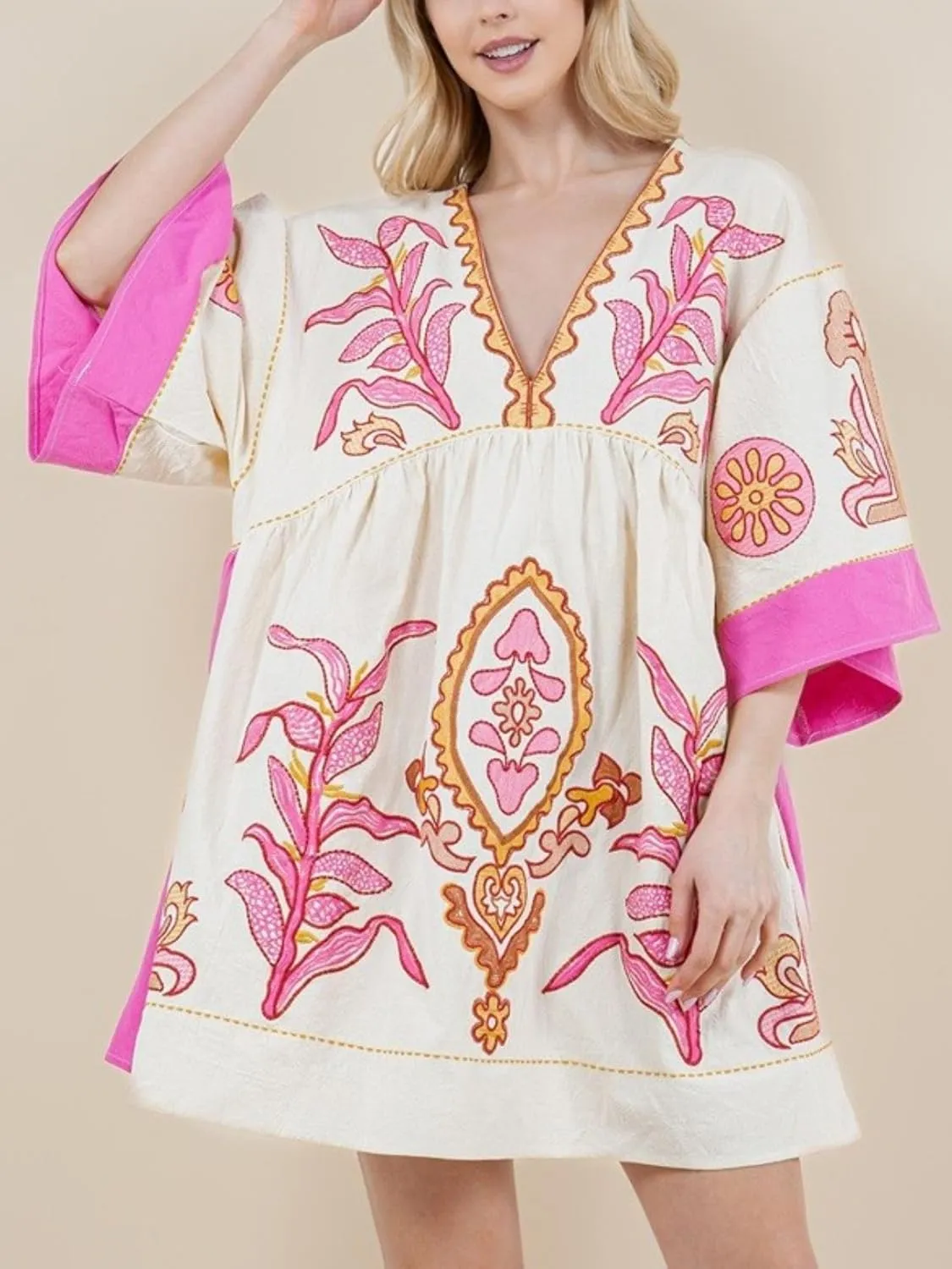 Womens Oversized Embroidered Dress with V-Neck and 3/4 Sleeves Vintage Embroidery Babydoll Dress