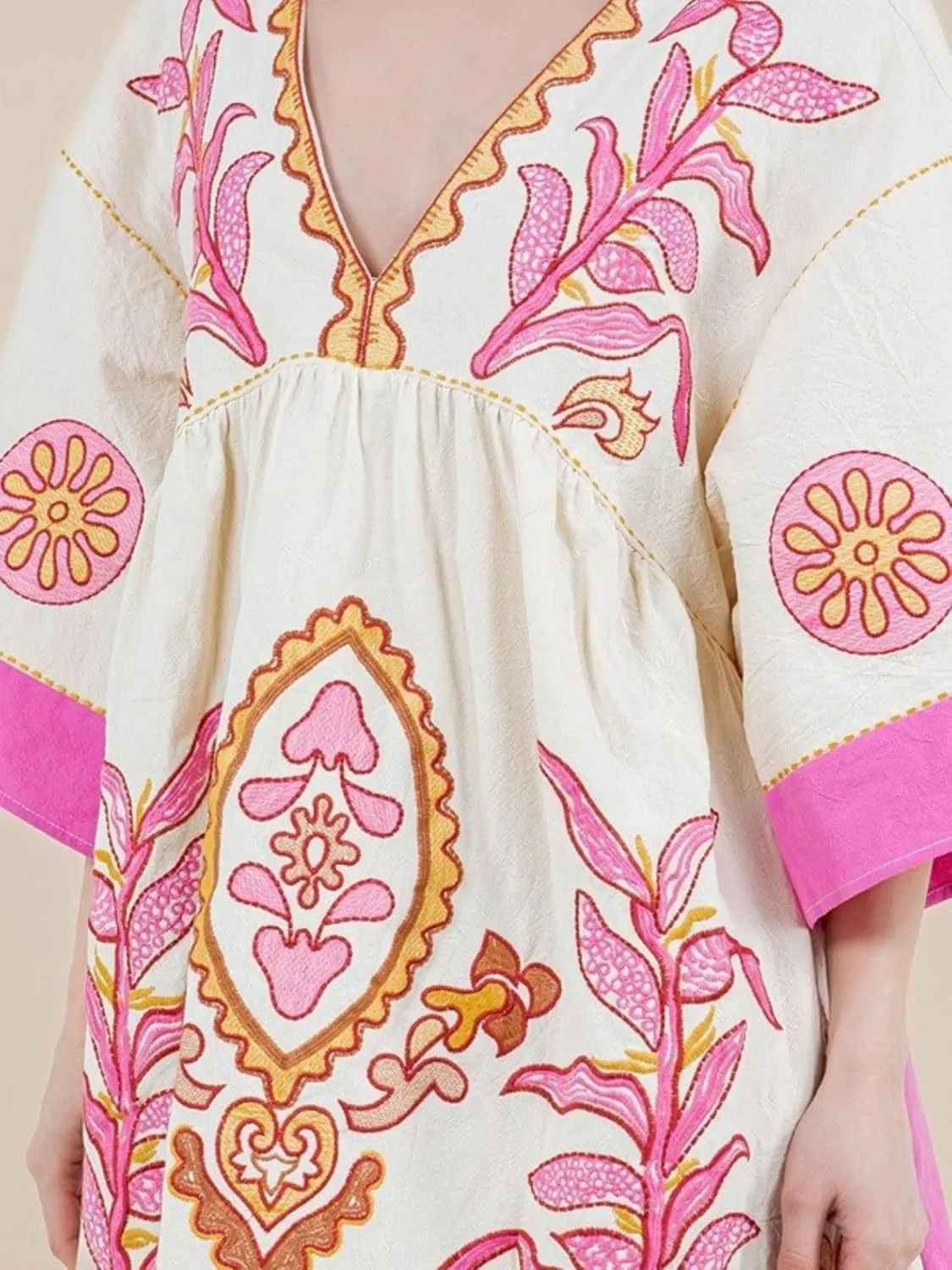 Womens Oversized Embroidered Dress with V-Neck and 3/4 Sleeves Vintage Embroidery Babydoll Dress