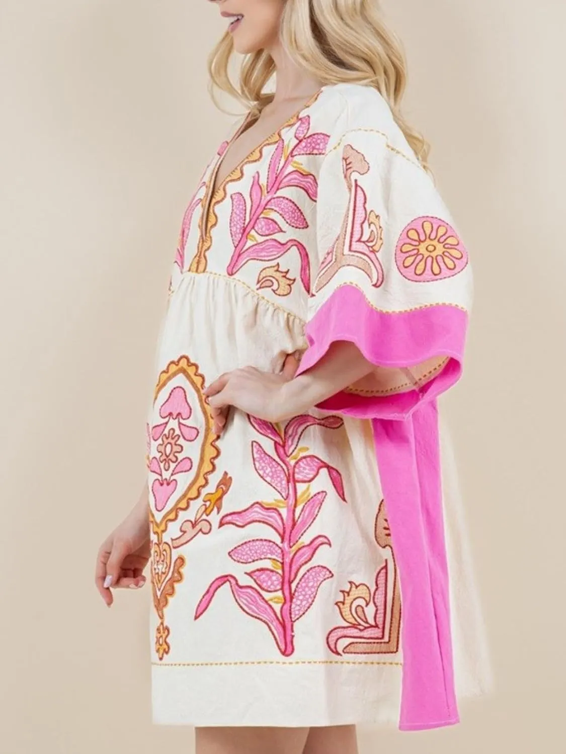 Womens Oversized Embroidered Dress with V-Neck and 3/4 Sleeves Vintage Embroidery Babydoll Dress