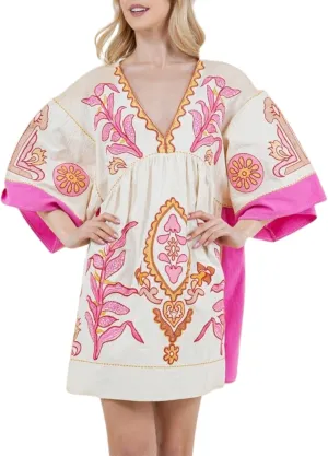 Womens Oversized Embroidered Dress with V-Neck and 3/4 Sleeves Vintage Embroidery Babydoll Dress