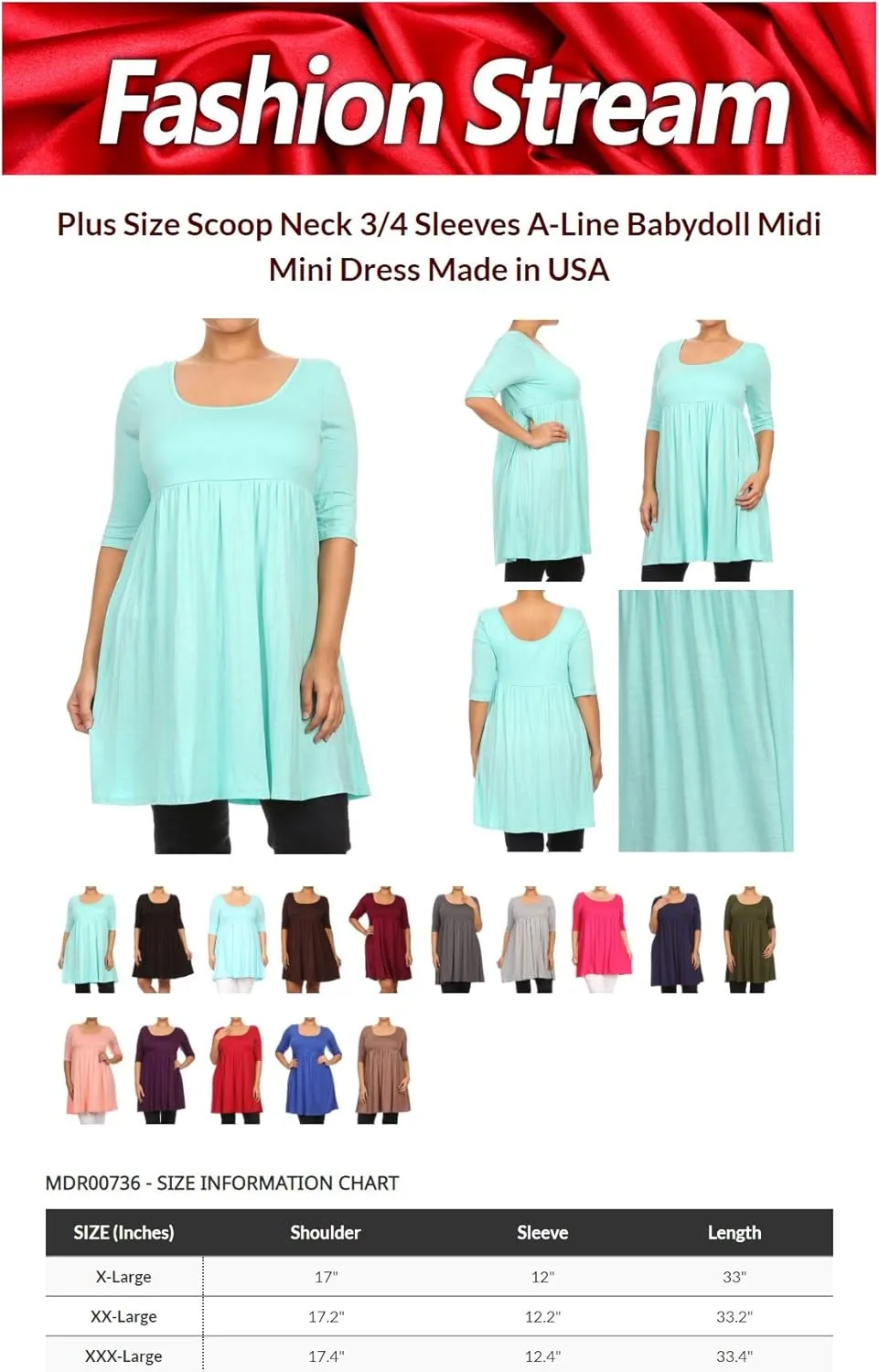 Women's Plus Size Scoop Neck 3/4 Sleeves A-Line Babydoll Midi Mini Dress Made in USA