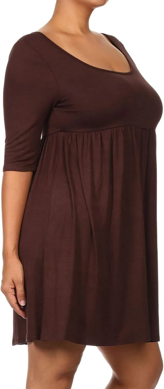 Women's Plus Size Scoop Neck 3/4 Sleeves A-Line Babydoll Midi Mini Dress Made in USA
