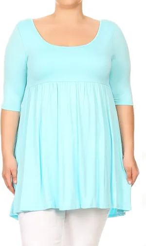 Women's Plus Size Scoop Neck 3/4 Sleeves A-Line Babydoll Midi Mini Dress Made in USA